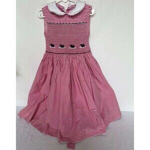 Emily Lacey Handmade Girls Dress Size 5 Red Striped Smocked Cotton